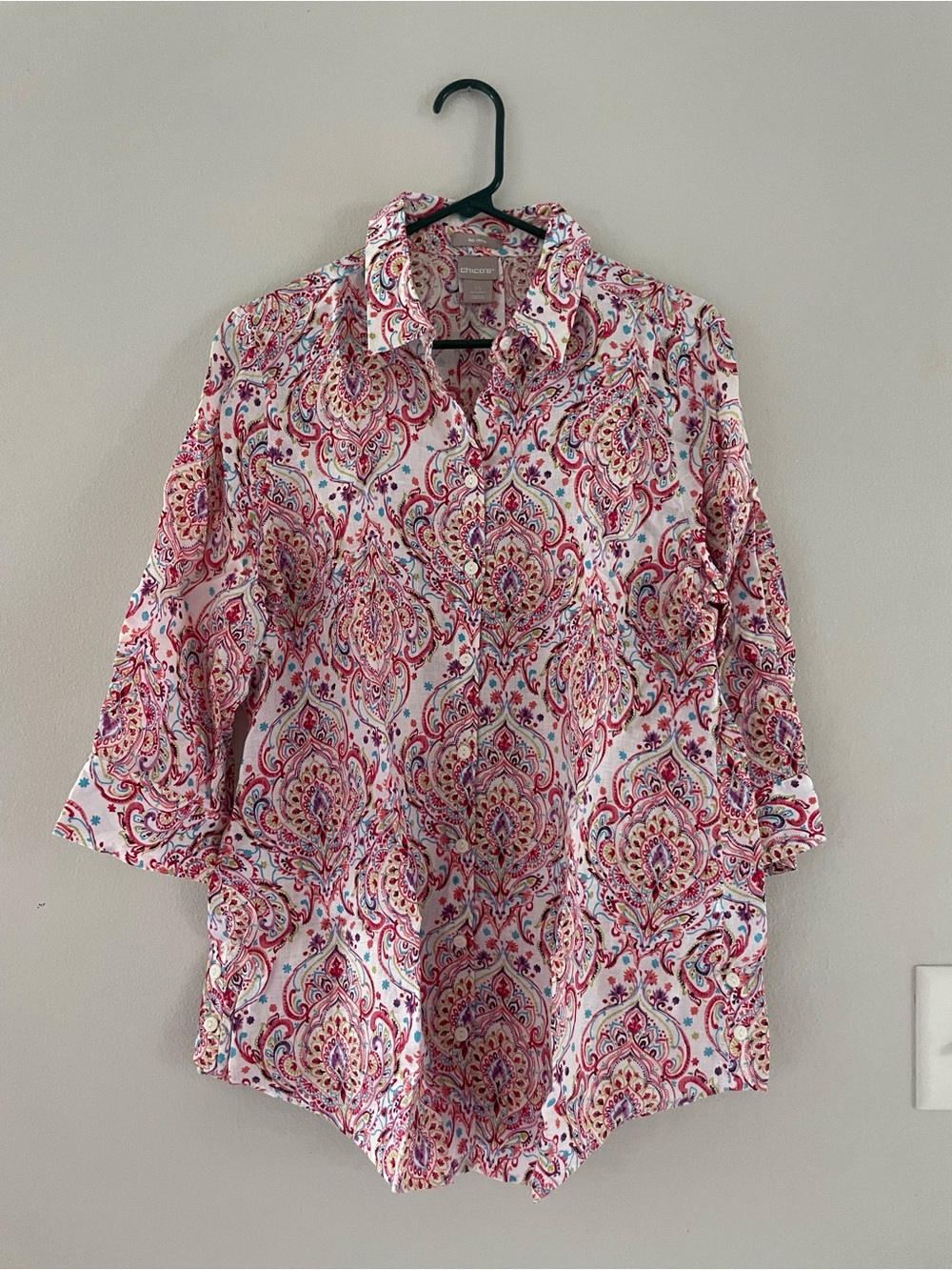 Chico's Pink Multicolor Linen Paisley Button-Down Shirt